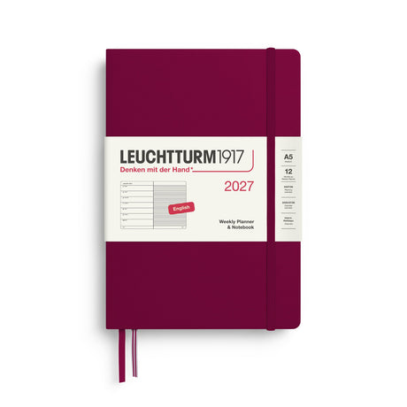 Weekly Planner & Notebook 2027, 12 Months, Ruled, English – Medium (A5) Hardcover Port Red