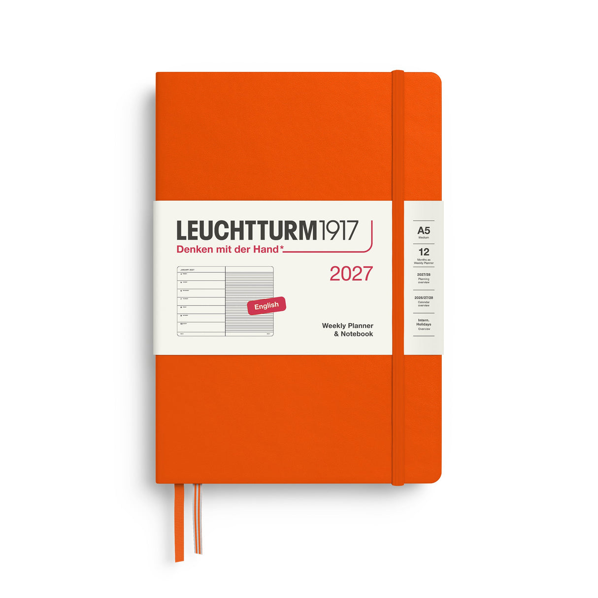 Weekly Planner & Notebook 2027, 12 Months, Ruled, English – Medium (A5) Hardcover Pumpkin