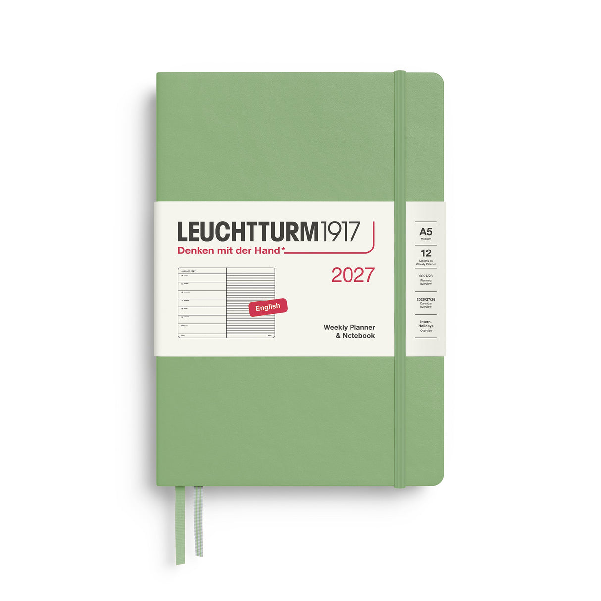 Weekly Planner & Notebook 2027, 12 Months, Ruled, English – Medium (A5) Hardcover Sage