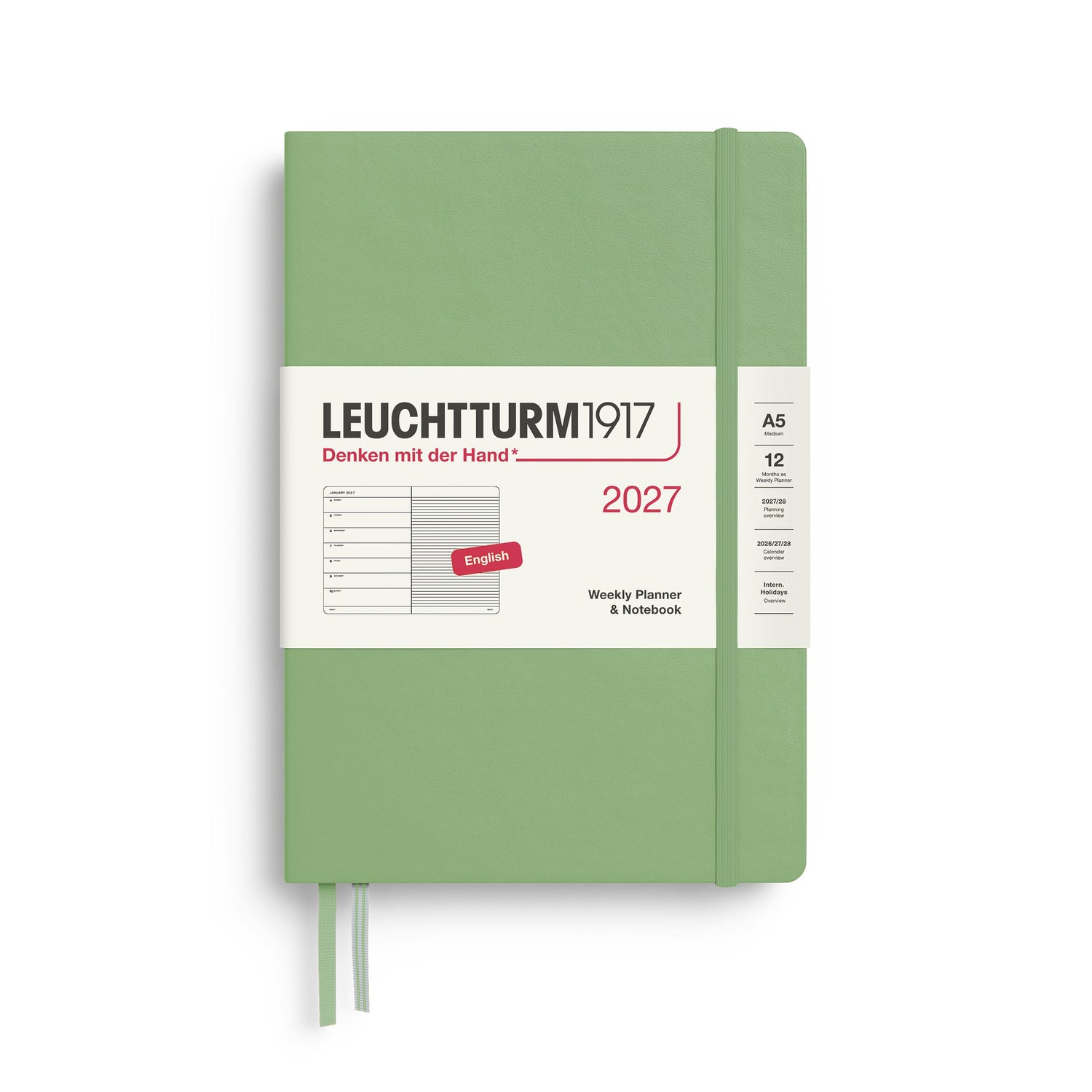 Weekly Planner & Notebook 2027, 12 Months, Ruled, English – Medium (A5) Hardcover Sage