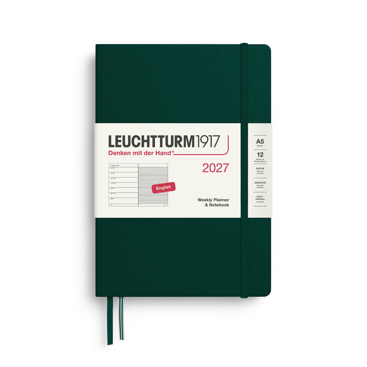 Weekly Planner & Notebook 2027, 12 Months, Ruled, English – Medium (A5) Hardcover Forest Green