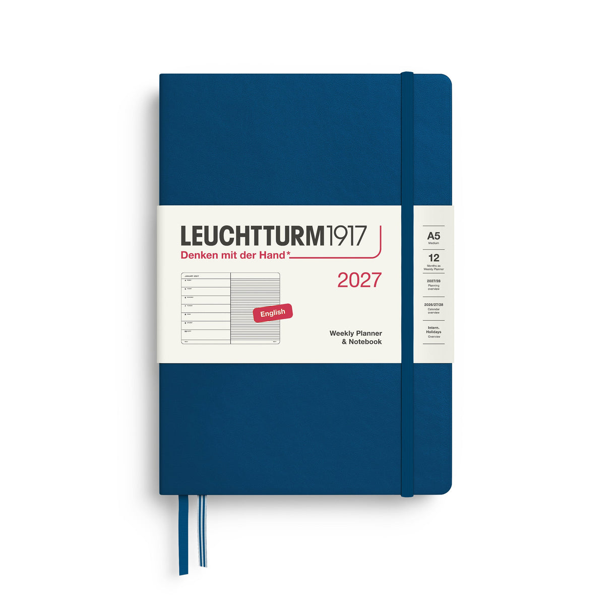 Weekly Planner & Notebook 2027, 12 Months, Ruled, English – Medium (A5) Hardcover Indigo