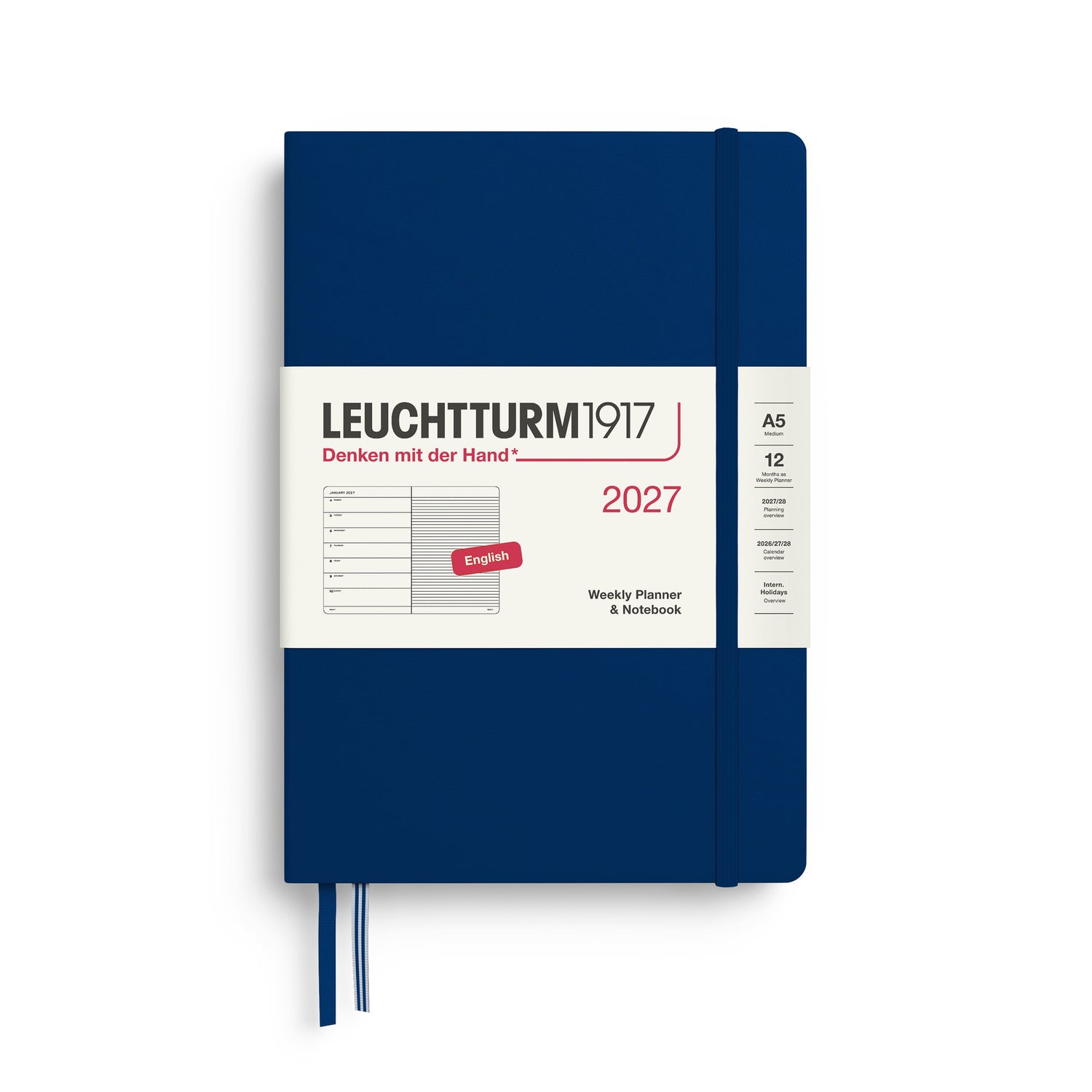 Weekly Planner & Notebook 2027, 12 Months, Ruled, English – Medium (A5) Hardcover Navy
