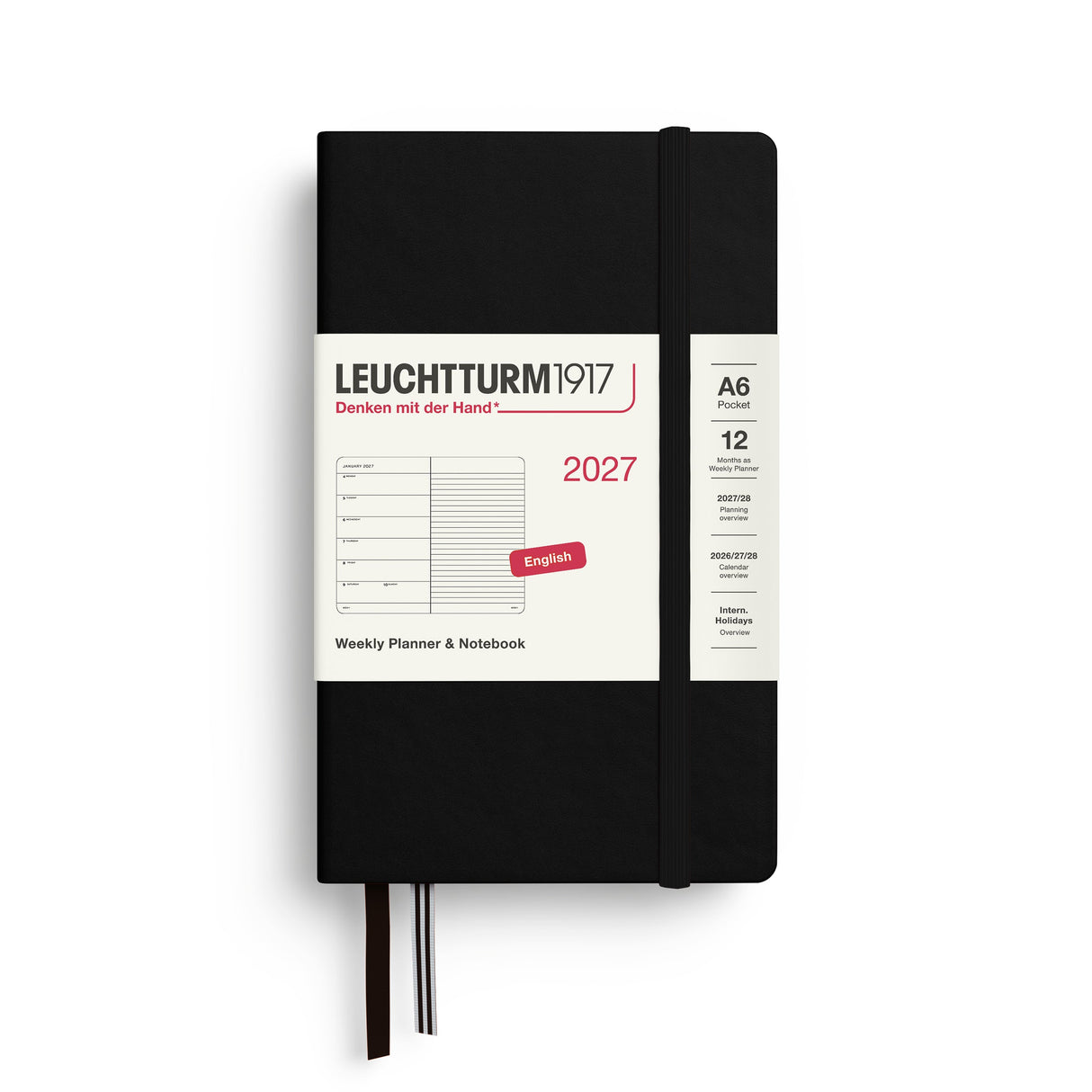 Weekly Planner & Notebook 2027, 12 Months, Ruled, English – Pocket (A6) Hardcover Black