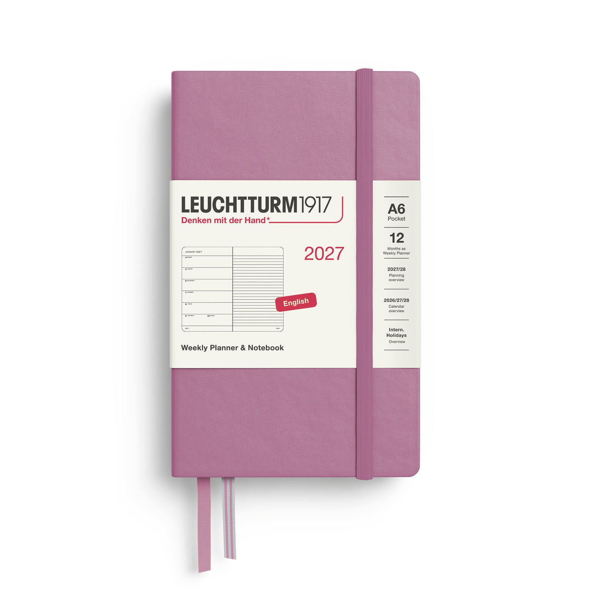 Weekly Planner & Notebook 2027, 12 Months, Ruled, English – Pocket (A6) Hardcover Dusty Rose