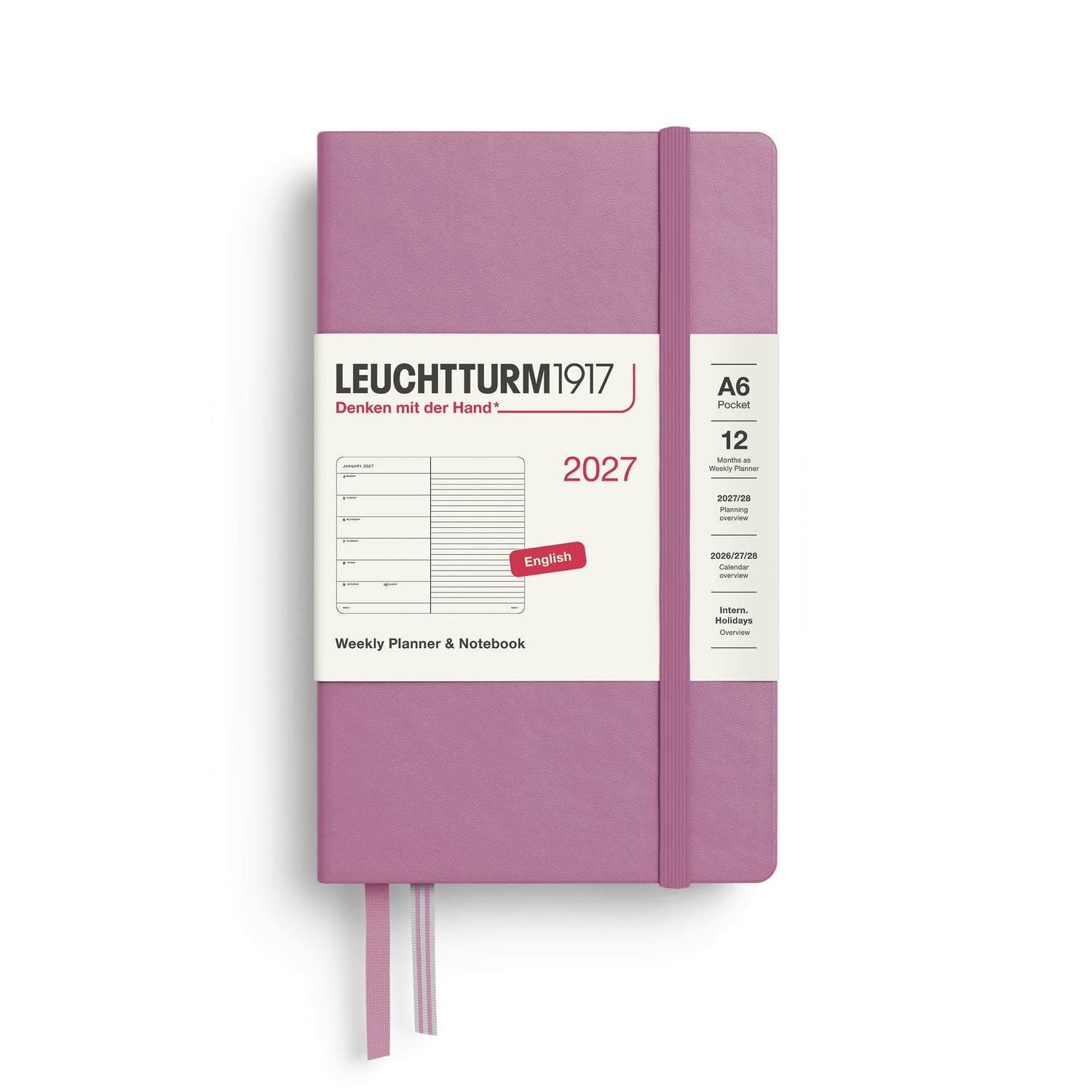 Weekly Planner & Notebook 2027, 12 Months, Ruled, English – Pocket (A6) Hardcover Dusty Rose