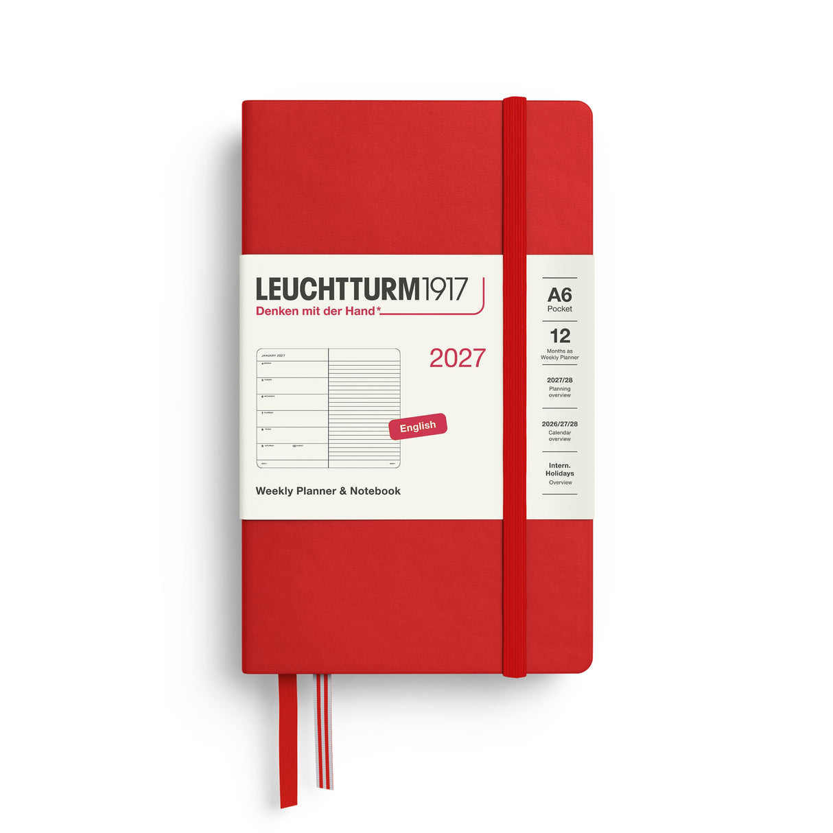 Weekly Planner & Notebook 2027, 12 Months, Ruled, English – Pocket (A6) Hardcover Cherry