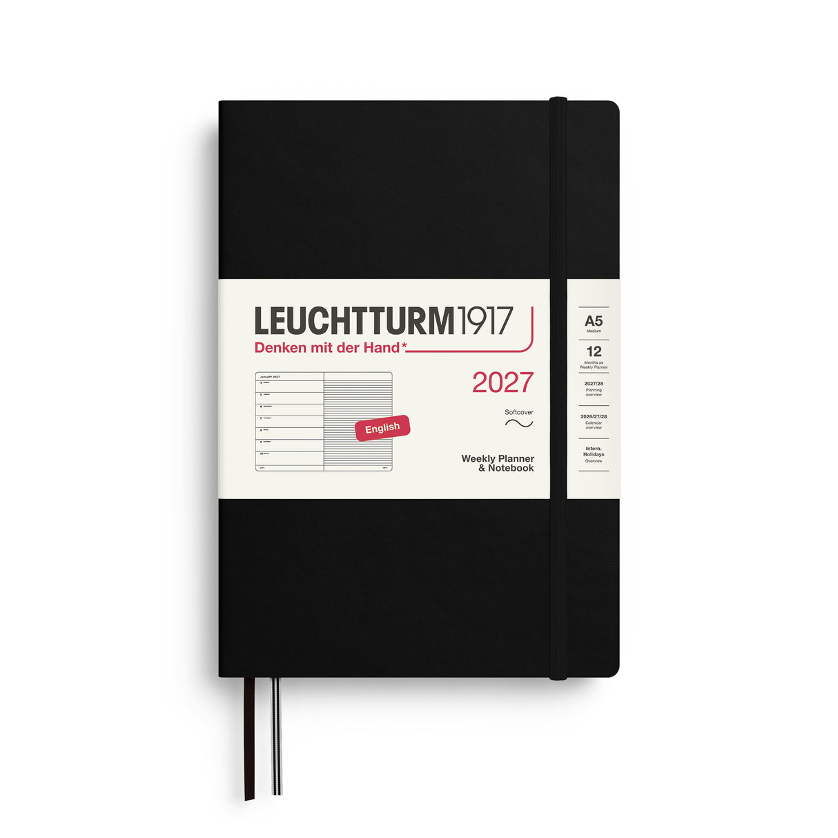 Weekly Planner & Notebook 2027, 12 Months, Ruled, English – Medium (A5) Softcover Black