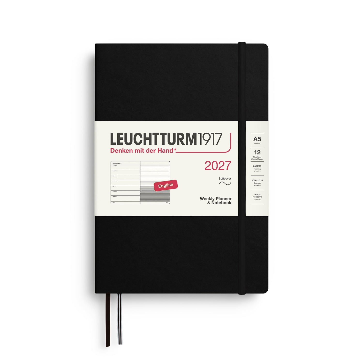 Weekly Planner & Notebook 2027, 12 Months, Ruled, English – Medium (A5) Softcover Black