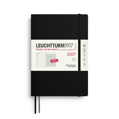 Weekly Planner & Notebook 2027, 12 Months, Ruled, English – Medium (A5) Softcover Black