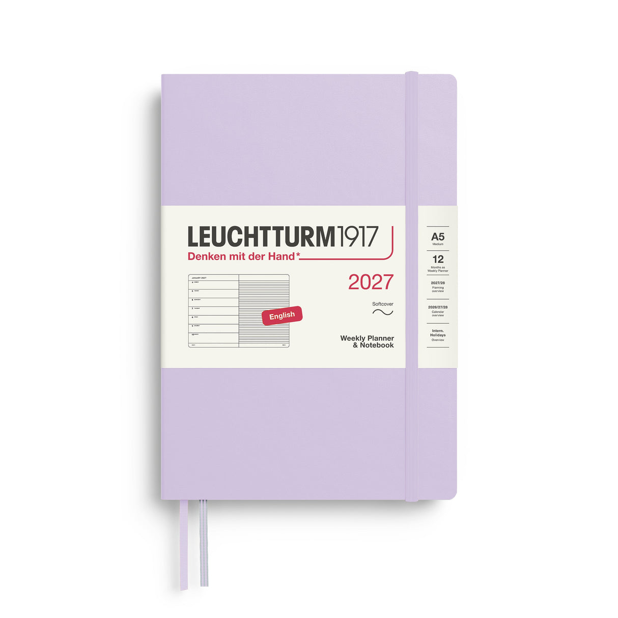 Weekly Planner & Notebook 2027, 12 Months, Ruled, English – Medium (A5) Softcover Lilac