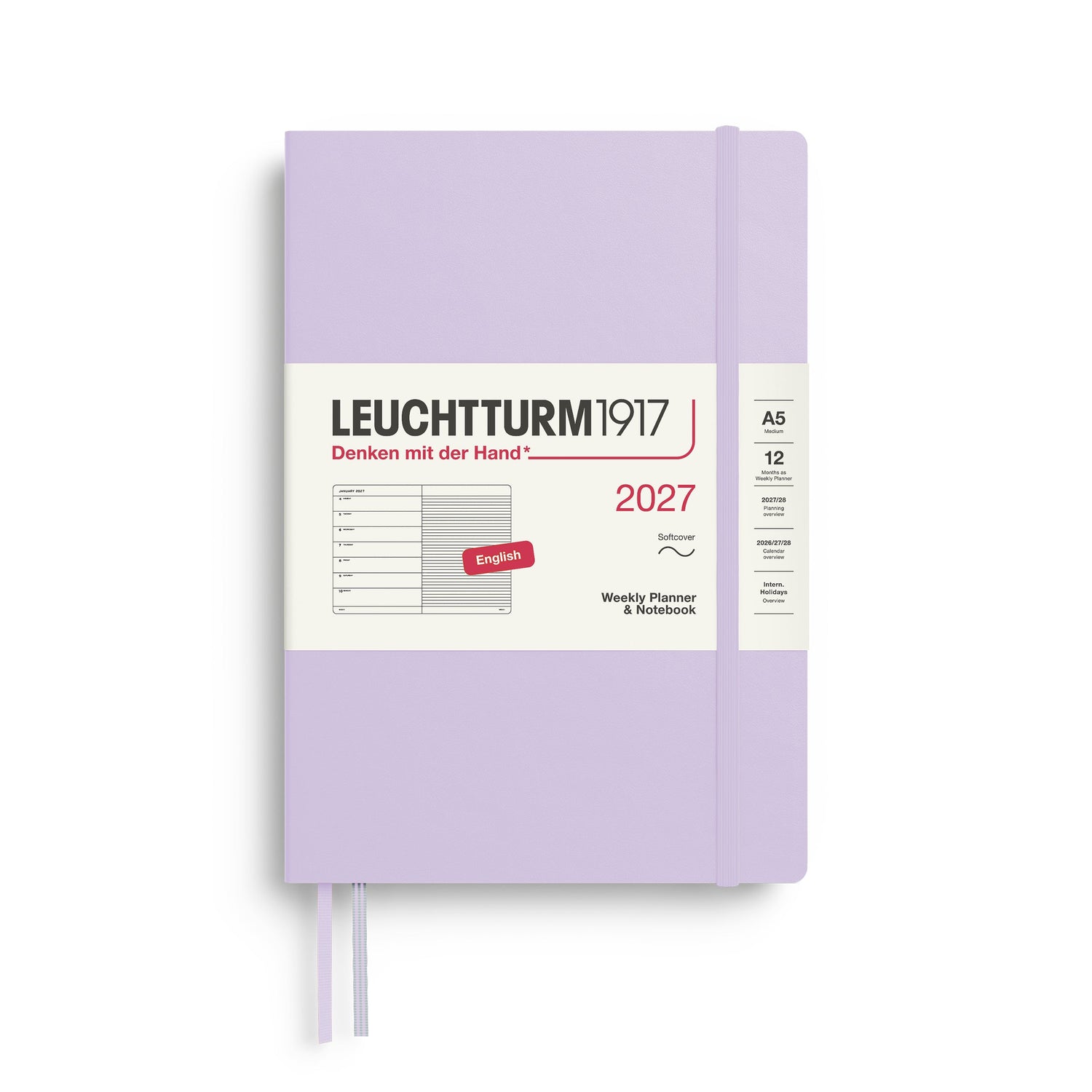 Weekly Planner & Notebook 2027, 12 Months, Ruled, English – Medium (A5) Softcover Lilac