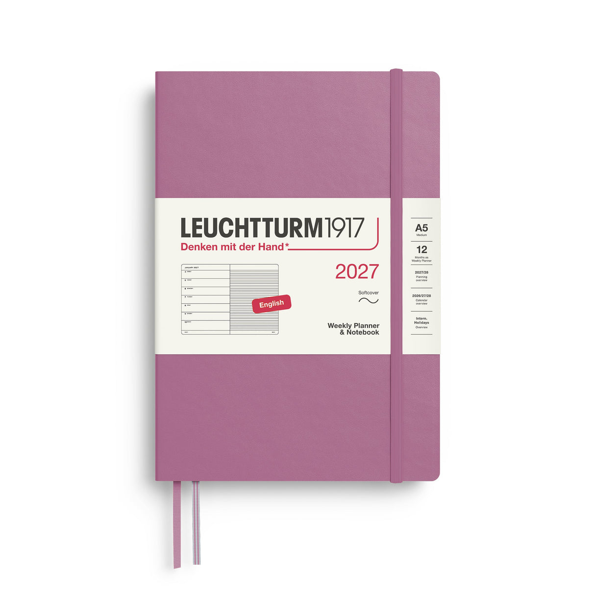 Weekly Planner & Notebook 2027, 12 Months, Ruled, English – Medium (A5) Softcover Dusty Rose