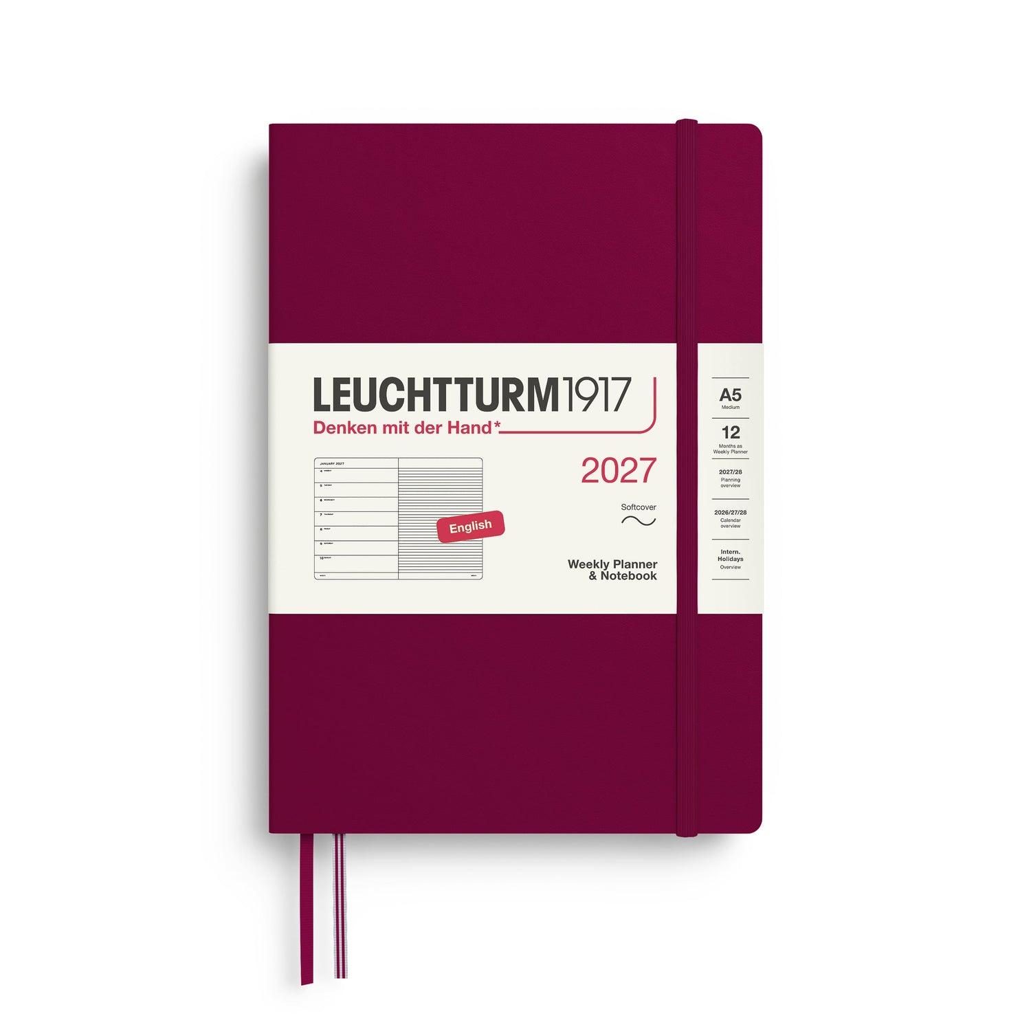Weekly Planner & Notebook 2027, 12 Months, Ruled, English – Medium (A5) Softcover Port Red