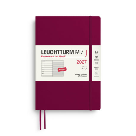 Weekly Planner & Notebook 2027, 12 Months, Ruled, English – Medium (A5) Softcover Port Red