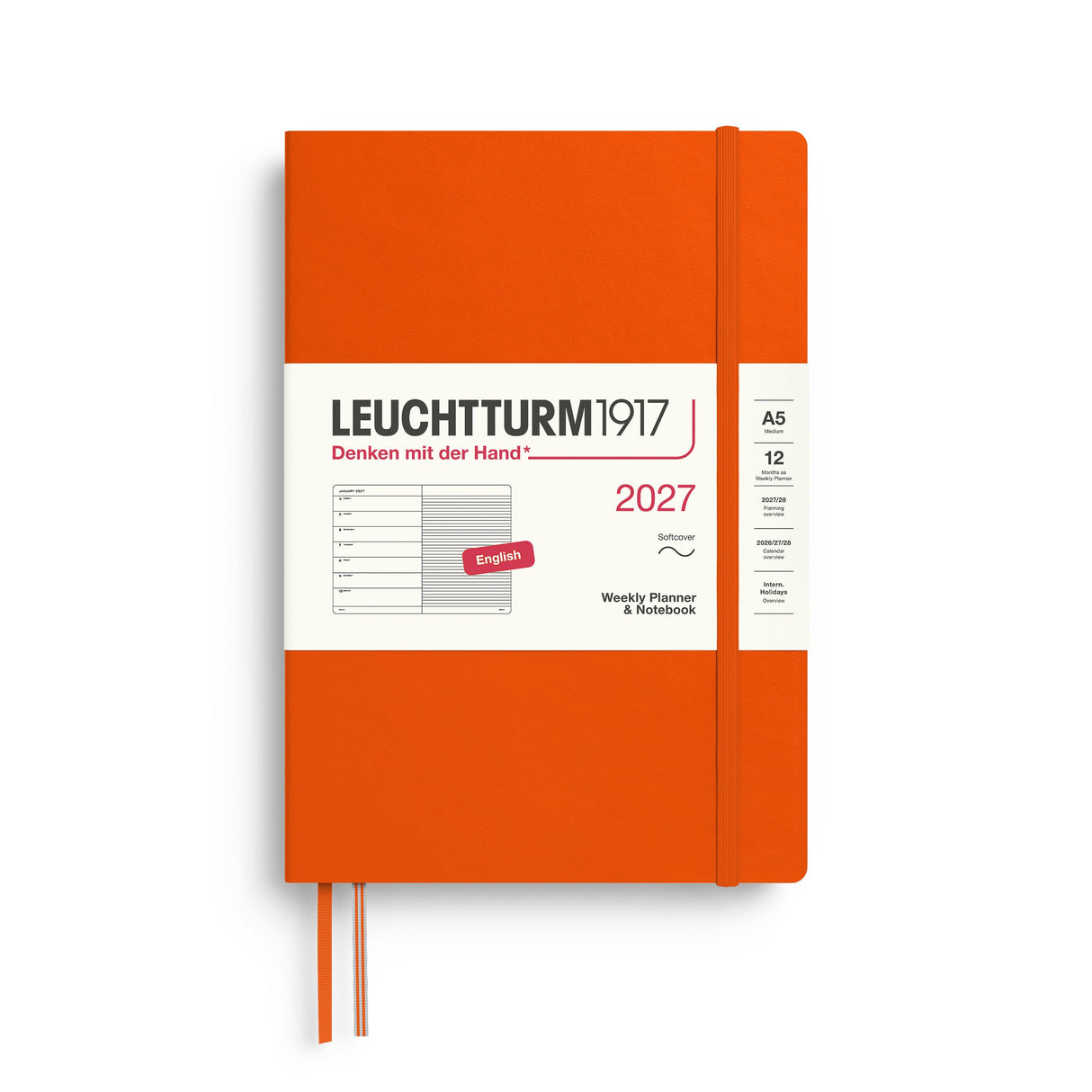 Weekly Planner & Notebook 2027, 12 Months, Ruled, English – Medium (A5) Softcover Pumpkin