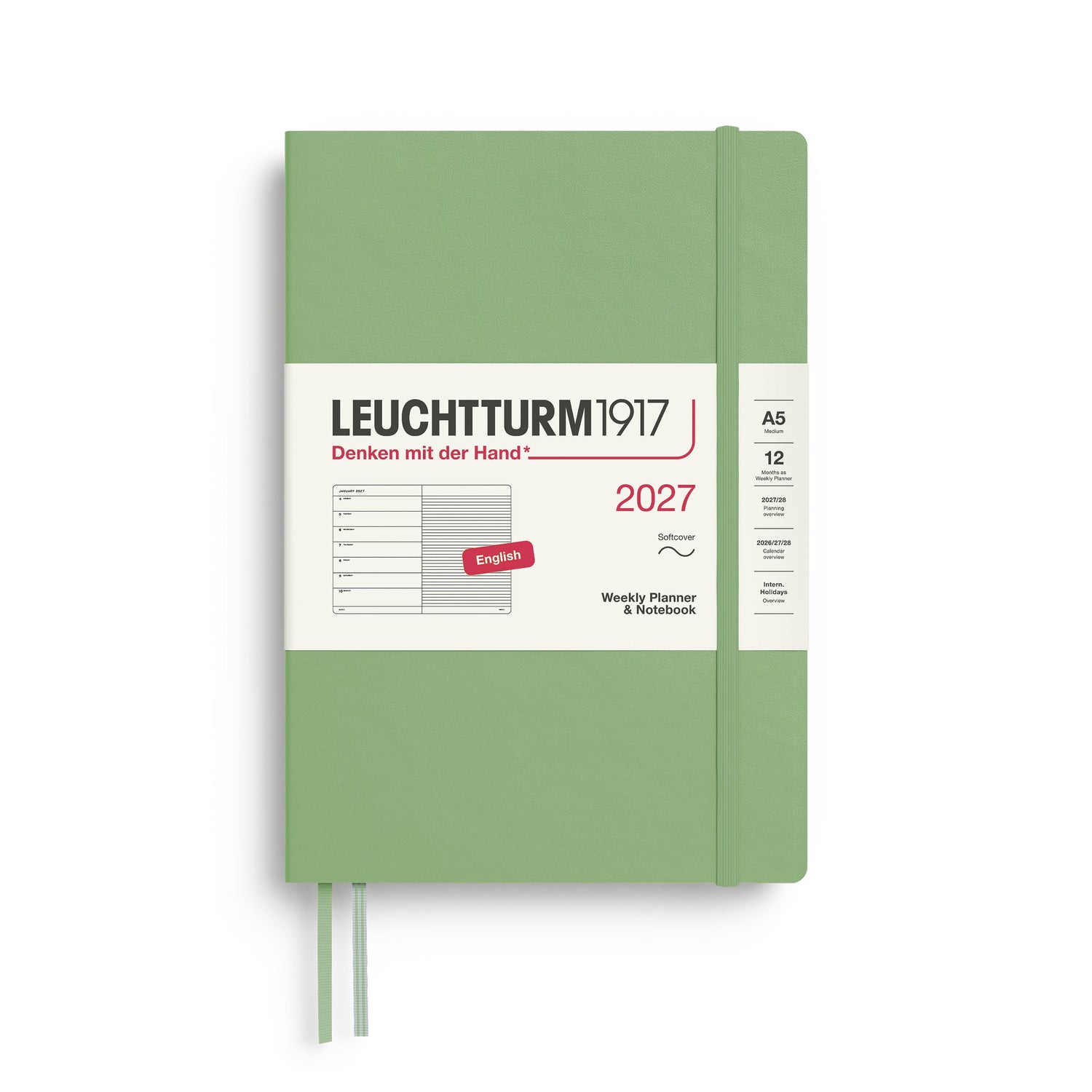 Weekly Planner & Notebook 2027, 12 Months, Ruled, English – Medium (A5) Softcover Sage