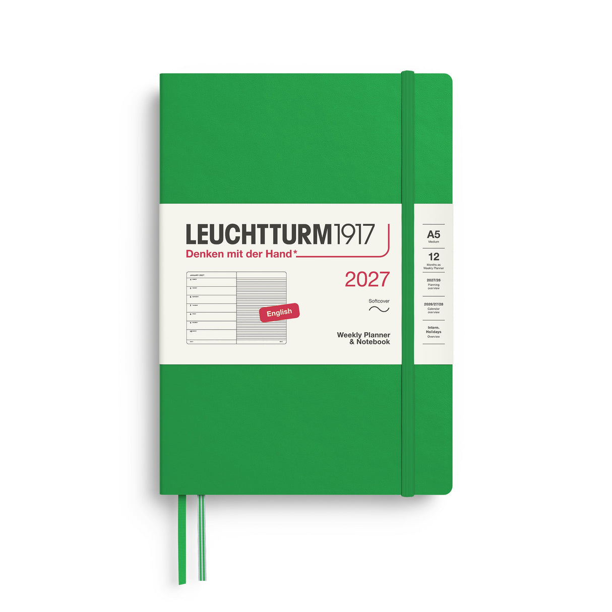 Weekly Planner & Notebook 2027, 12 Months, Ruled, English – Medium (A5) Softcover Spring Leaf