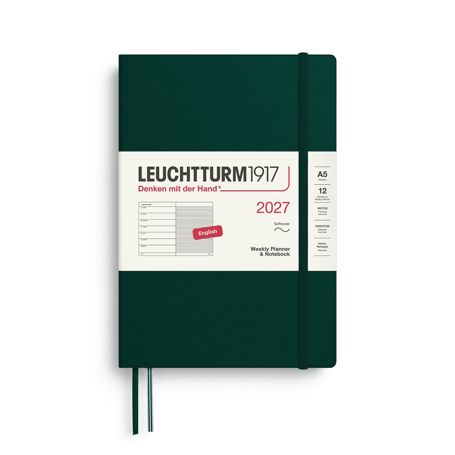 Weekly Planner & Notebook 2027, 12 Months, Ruled, English – Medium (A5) Softcover Forest Green