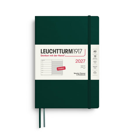 Weekly Planner & Notebook 2027, 12 Months, Ruled, English – Medium (A5) Softcover Forest Green