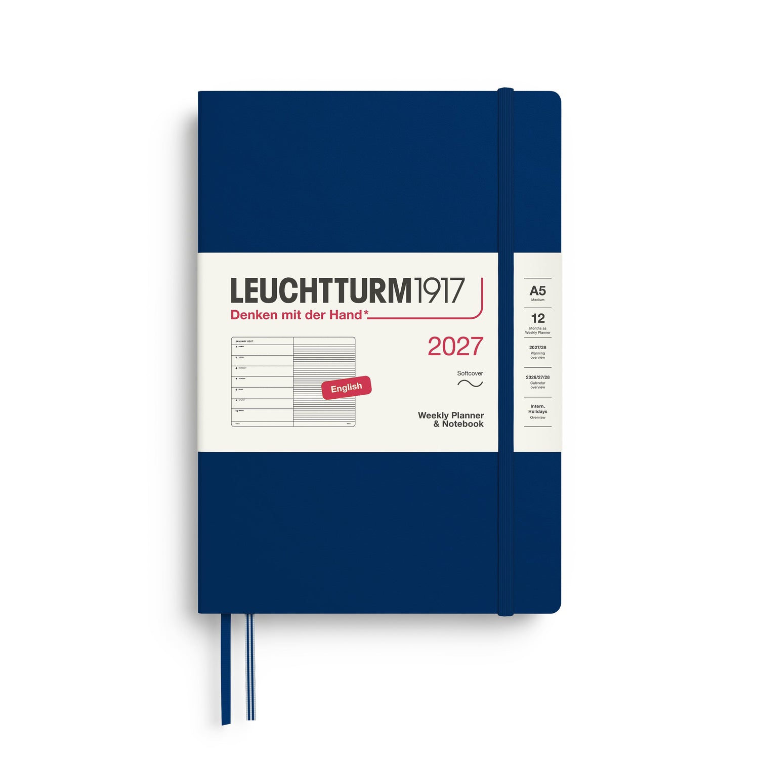 Weekly Planner & Notebook 2027, 12 Months, Ruled, English – Medium (A5) Softcover Navy