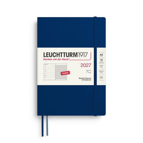 Weekly Planner & Notebook 2027, 12 Months, Ruled, English – Medium (A5) Softcover Navy