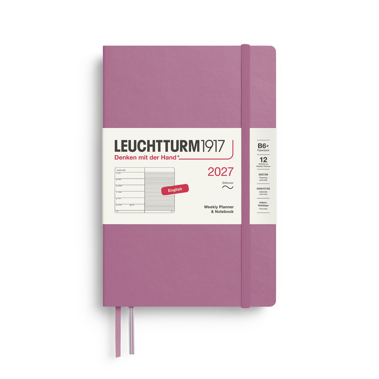 Weekly Planner & Notebook 2027, 12 Months, Ruled, English – Paperback (B6+) Softcover Dusty Rose