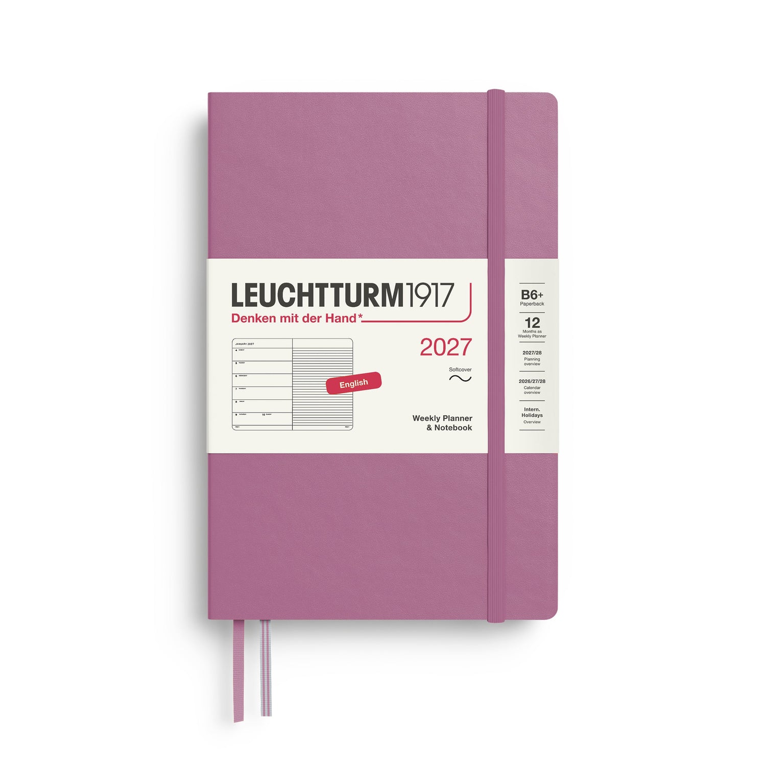 Weekly Planner & Notebook 2027, 12 Months, Ruled, English – Paperback (B6+) Softcover Dusty Rose