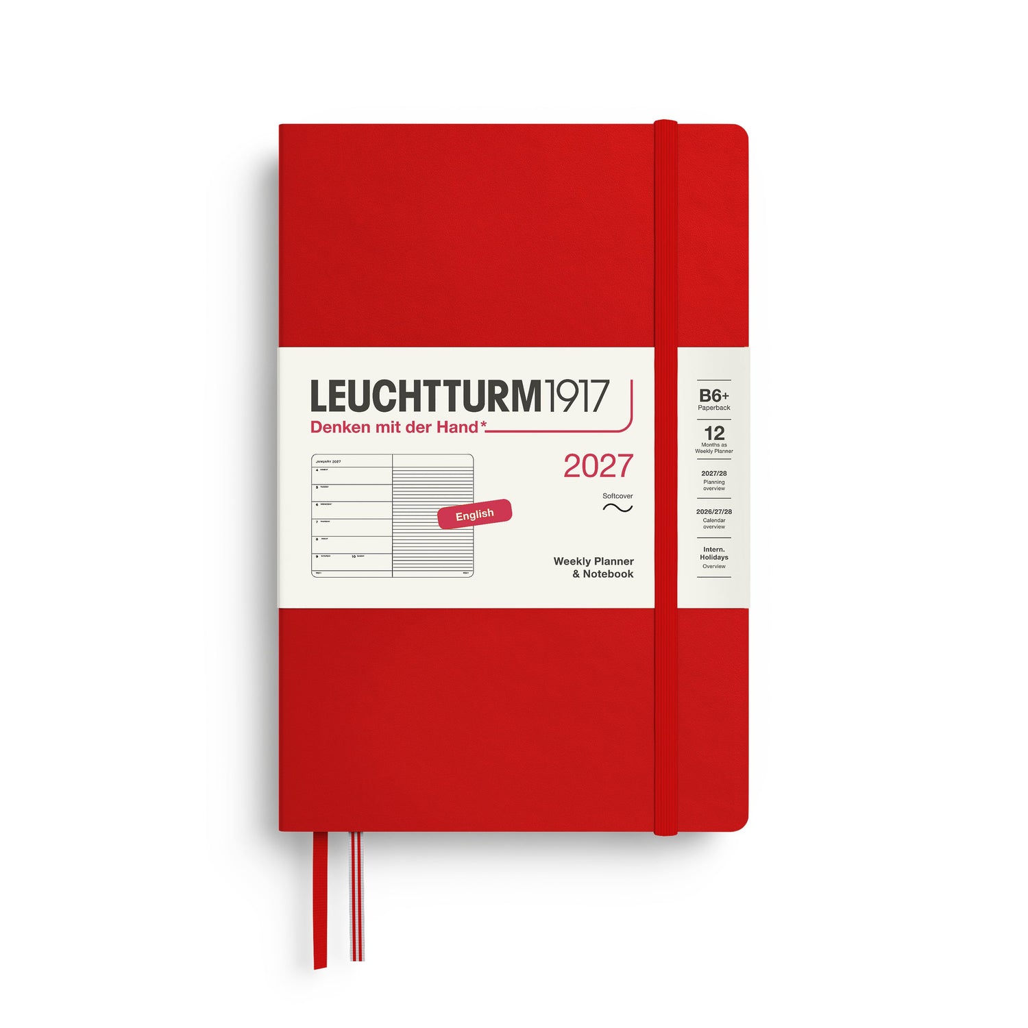 Weekly Planner & Notebook 2027, 12 Months, Ruled, English – Paperback (B6+) Softcover Cherry