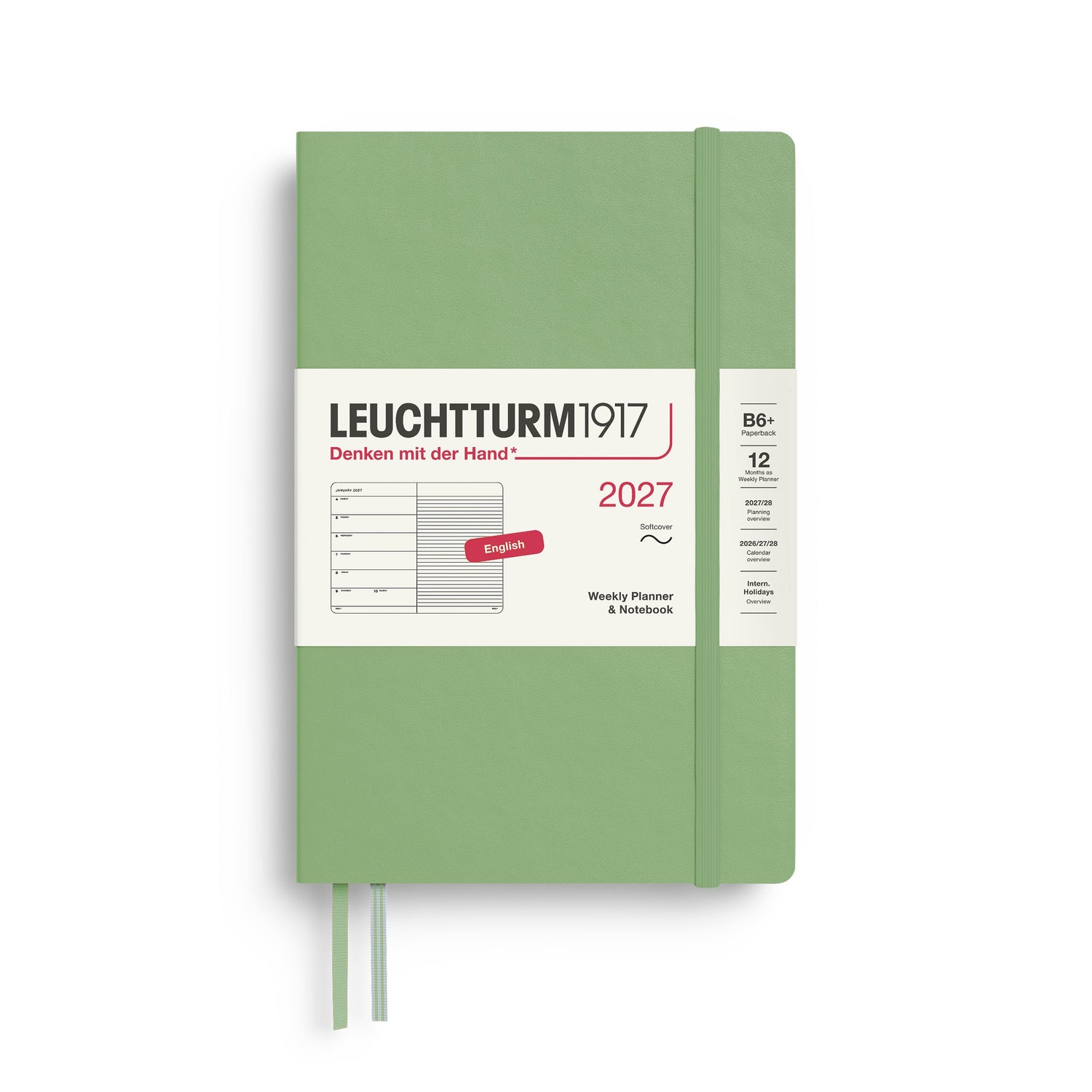 Weekly Planner & Notebook 2027, 12 Months, Ruled, English – Paperback (B6+) Softcover Sage