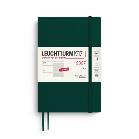 Weekly Planner & Notebook 2027, 12 Months, Ruled, English – Paperback (B6+) Softcover Forest Green