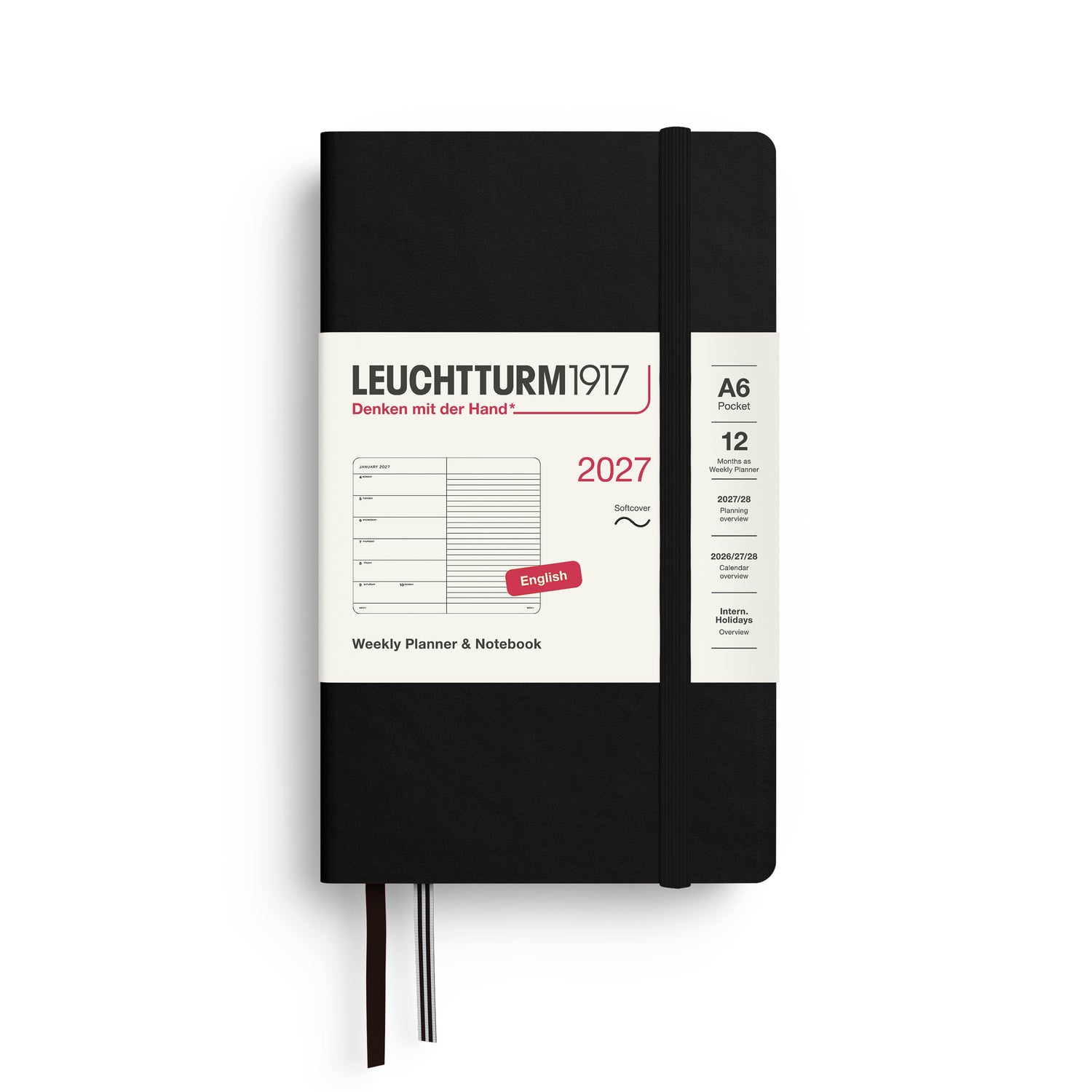 Weekly Planner & Notebook 2027, 12 Months, Ruled, English – Pocket (A6) Softcover Black
