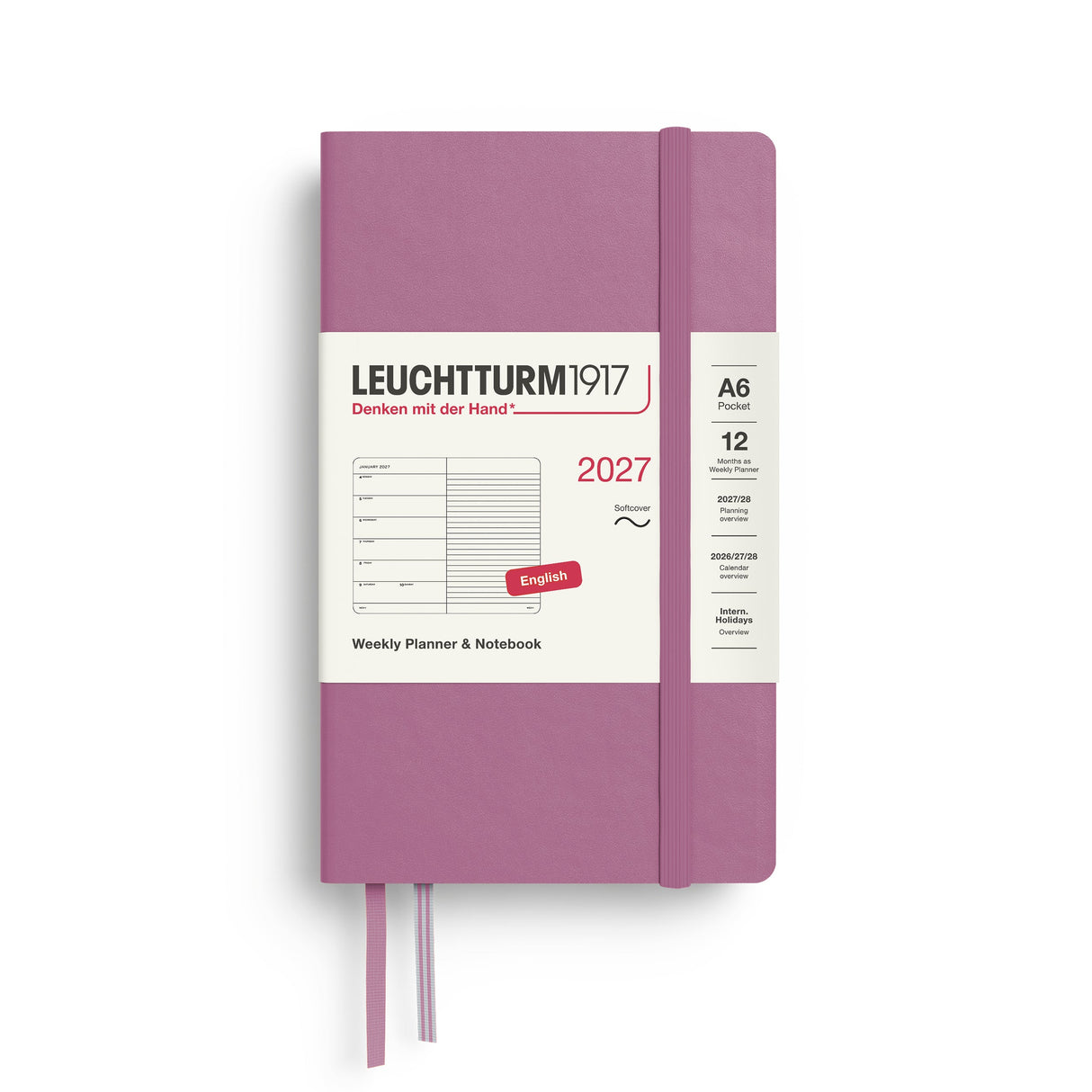 Weekly Planner & Notebook 2027, 12 Months, Ruled, English – Pocket (A6) Softcover Dusty Rose