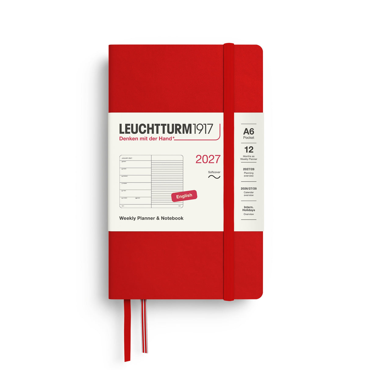 Weekly Planner & Notebook 2027, 12 Months, Ruled, English – Pocket (A6) Softcover Cherry