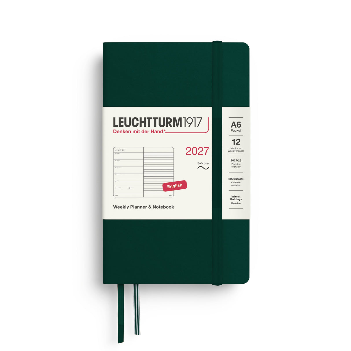 Weekly Planner & Notebook 2027, 12 Months, Ruled, English – Pocket (A6) Softcover Forest Green