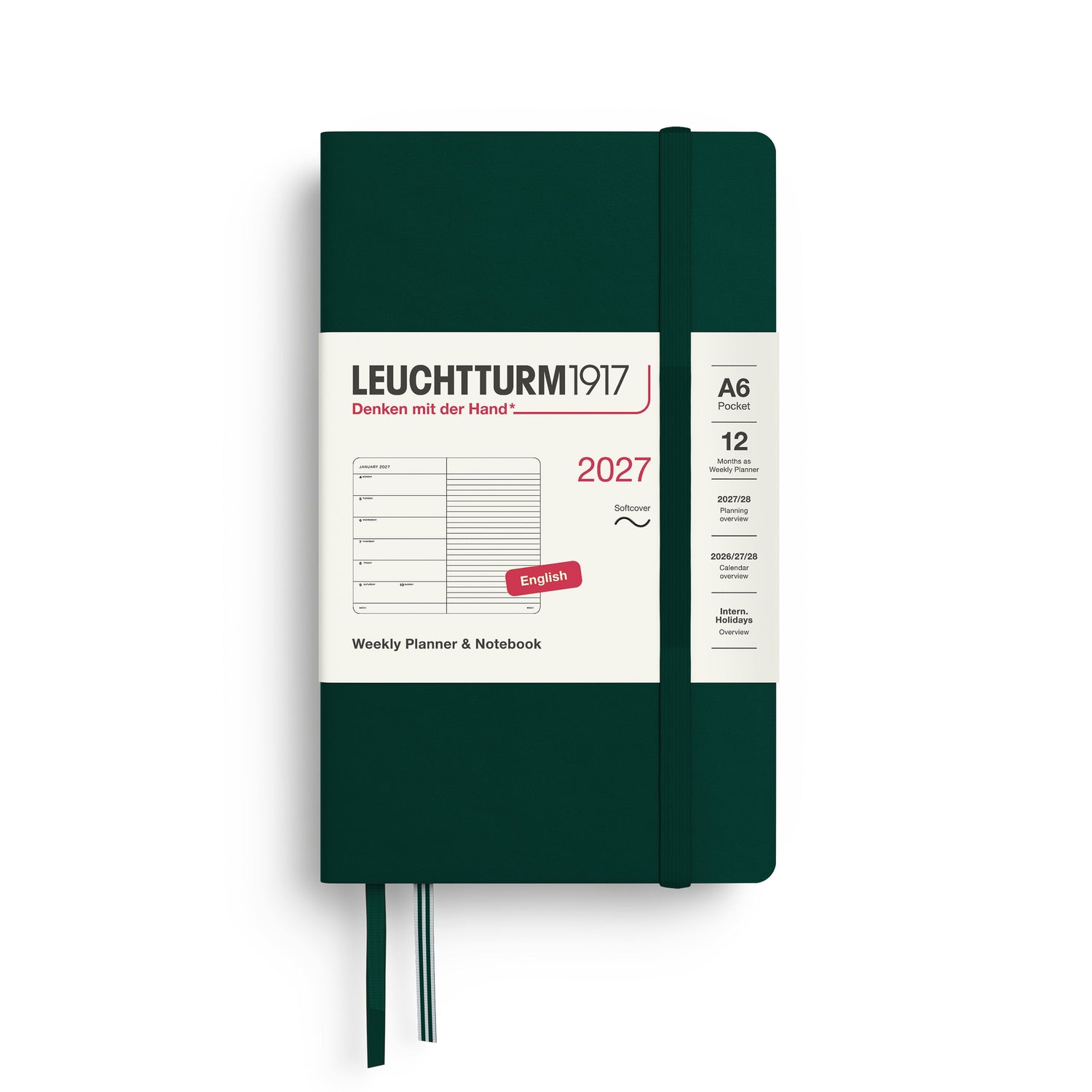 Weekly Planner & Notebook 2027, 12 Months, Ruled, English – Pocket (A6) Softcover Forest Green