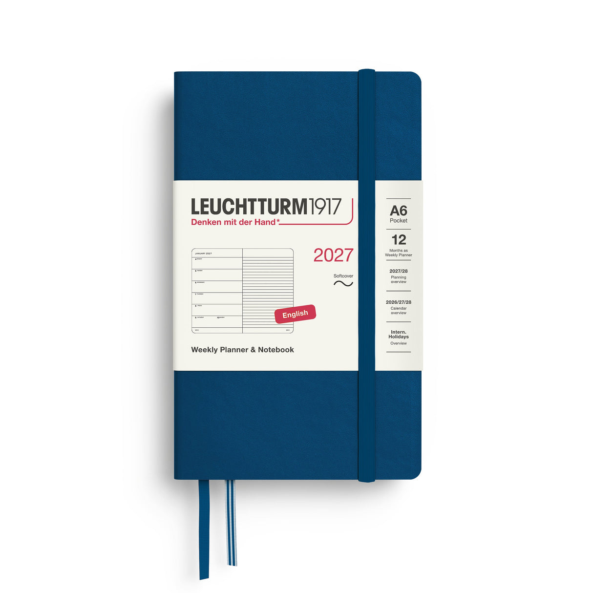 Weekly Planner & Notebook 2027, 12 Months, Ruled, English – Pocket (A6) Softcover Indigo