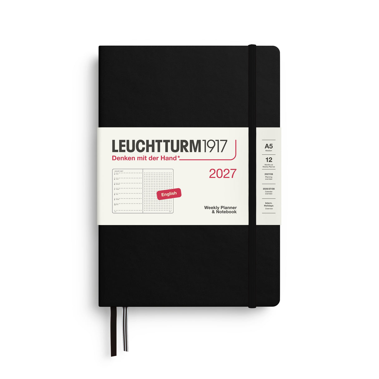 Weekly Planner & Notebook 2027, 12 Months, Dotted, English – Medium (A5) Hardcover Black
