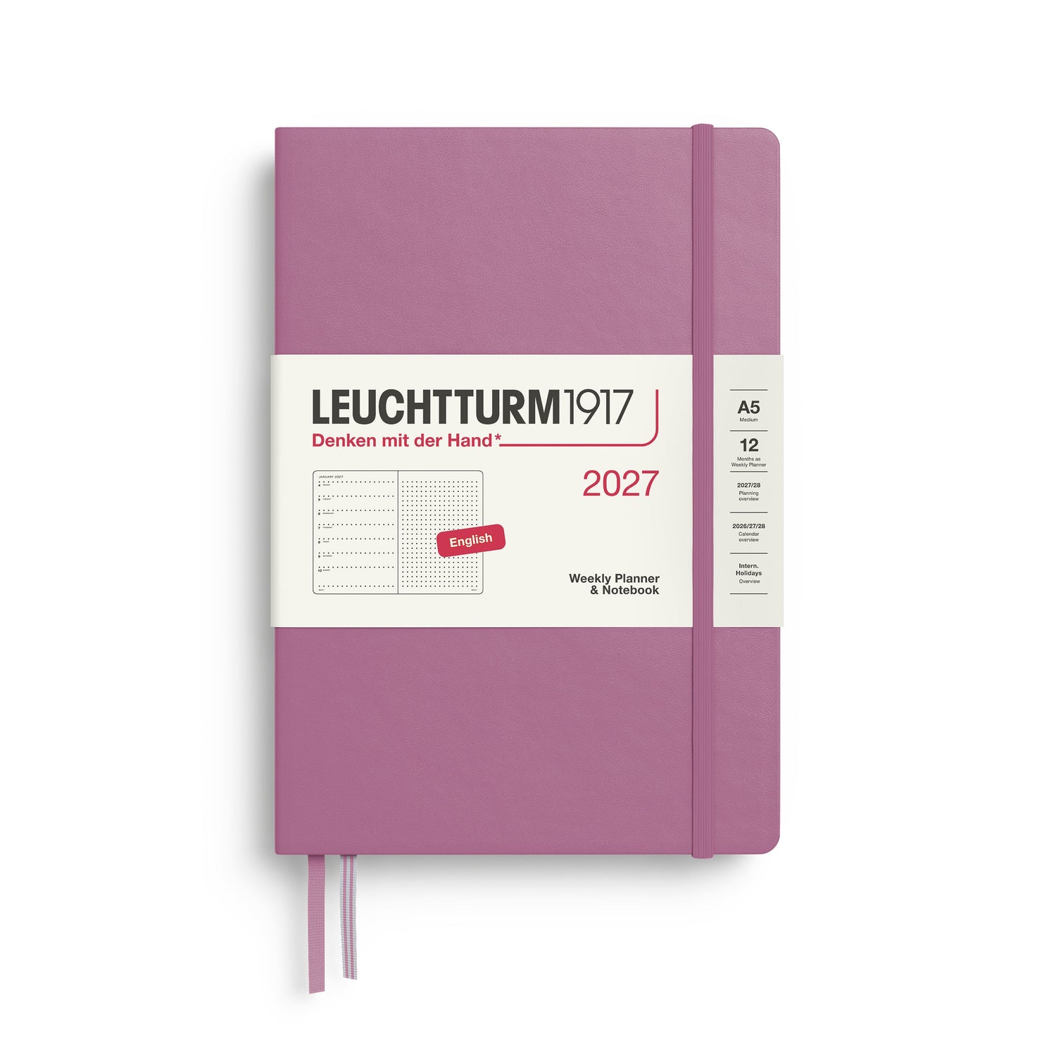 Weekly Planner & Notebook 2027, 12 Months, Dotted, English – Medium (A5) Hardcover Dusty Rose