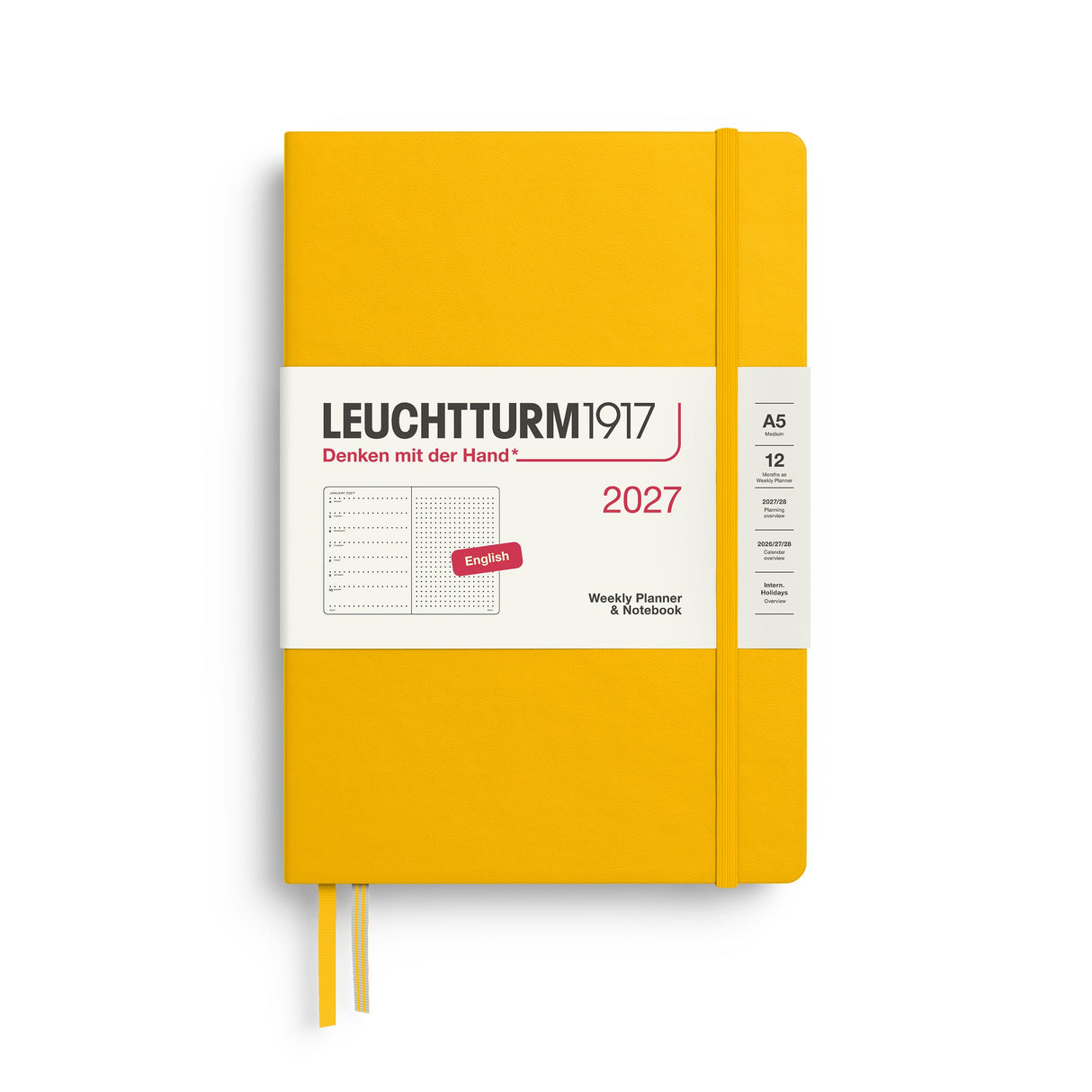 Weekly Planner & Notebook 2027, 12 Months, Dotted, English – Medium (A5) Hardcover Sunflower