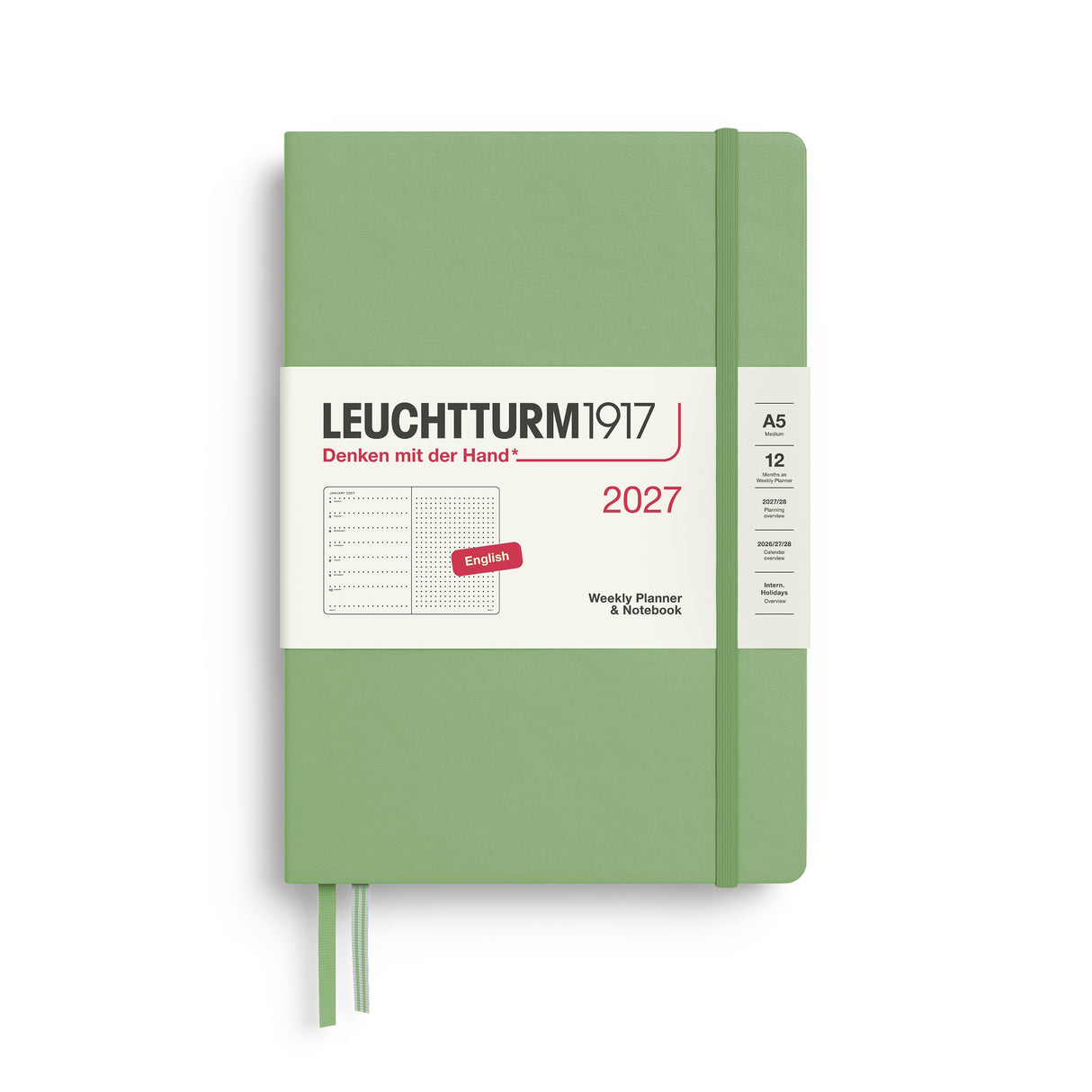 Weekly Planner & Notebook 2027, 12 Months, Dotted, English – Medium (A5) Hardcover Sage