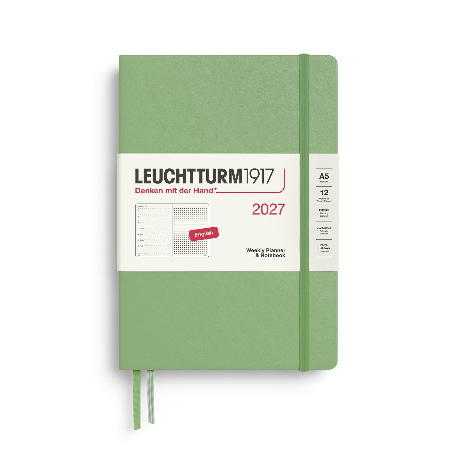 Weekly Planner & Notebook 2027, 12 Months, Dotted, English – Medium (A5) Hardcover Sage