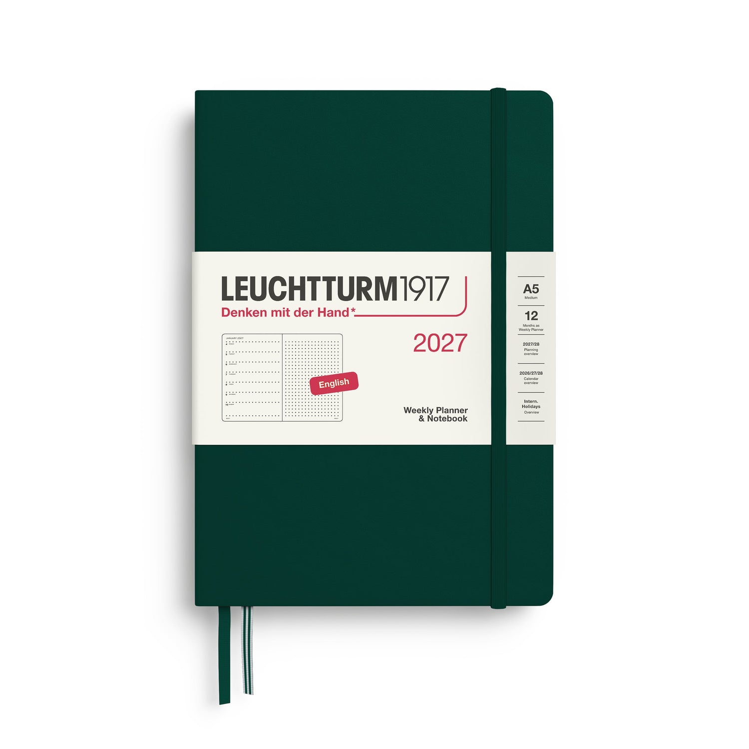 Weekly Planner & Notebook 2027, 12 Months, Dotted, English – Medium (A5) Hardcover Forest Green