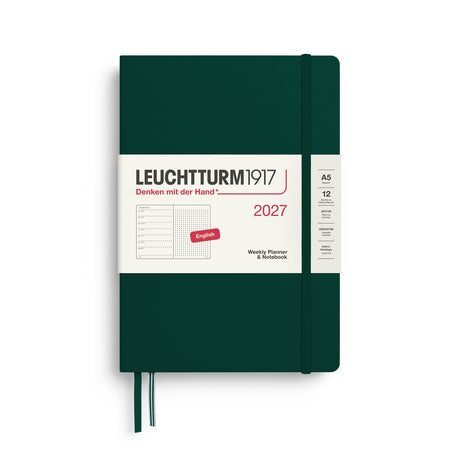 Weekly Planner & Notebook 2027, 12 Months, Dotted, English – Medium (A5) Hardcover Forest Green