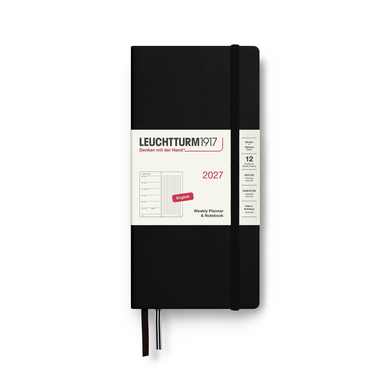 Weekly Planner & Notebook 2027, 12 Months, Dotted, English – Wallet (B6+ x A6) Hardcover Black
