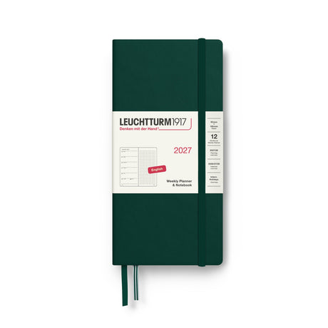 Weekly Planner & Notebook 2027, 12 Months, Dotted, English – Wallet (B6+ x A6) Hardcover Forest Green