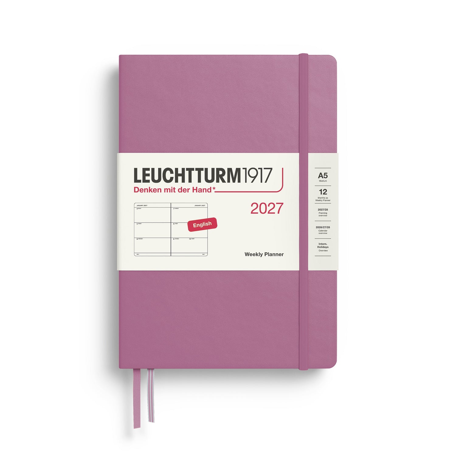 Weekly Planner 2027, 12 Months, English – Medium (A5) Hardcover Dusty Rose
