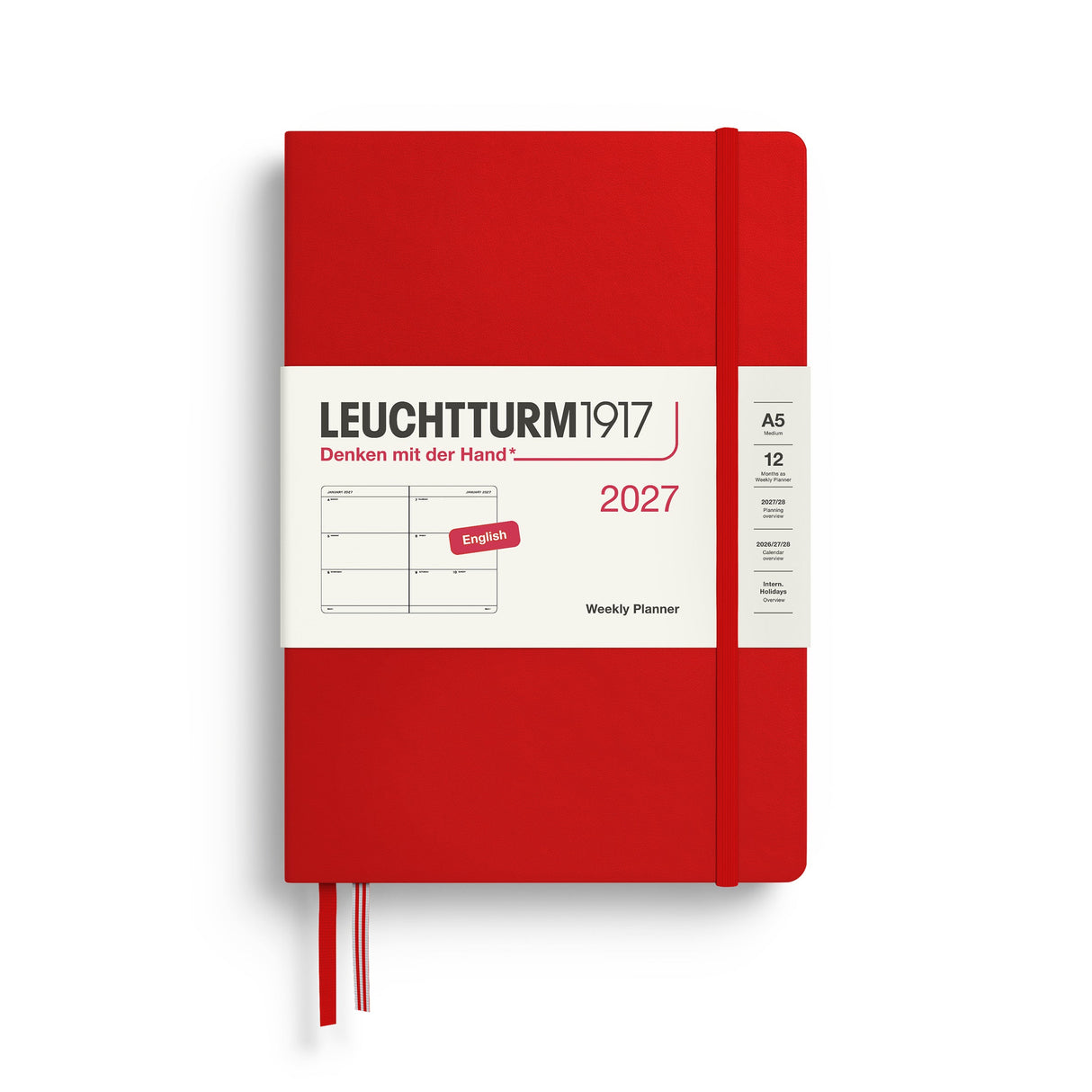 Weekly Planner 2027, 12 Months, English – Medium (A5) Hardcover Cherry
