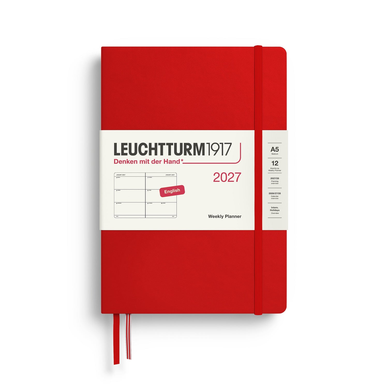 Weekly Planner 2027, 12 Months, English – Medium (A5) Hardcover Cherry