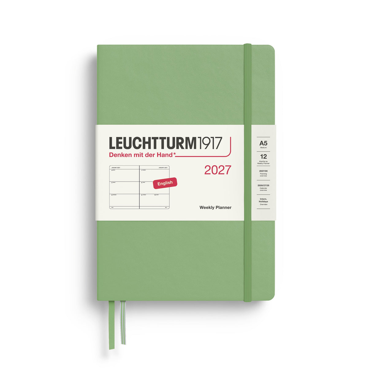 Weekly Planner 2027, 12 Months, English – Medium (A5) Hardcover Sage